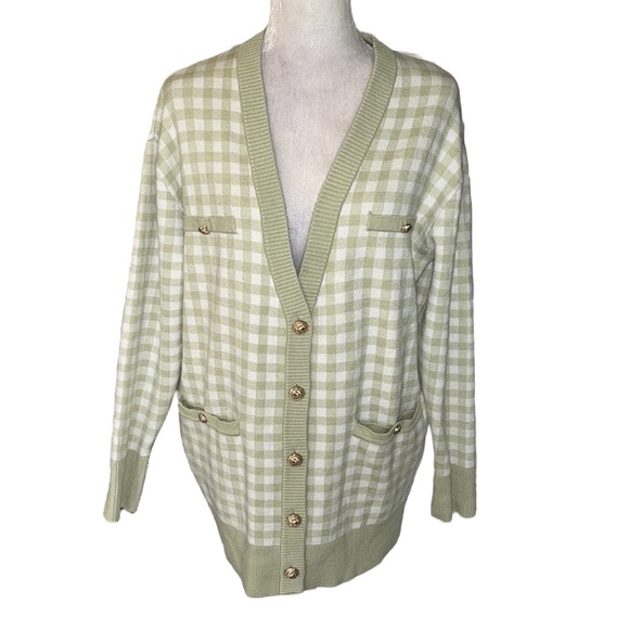 JOIE Green Gingham Checker Plaid Gold Button Front Cardigan - M - Picture 1 of 12